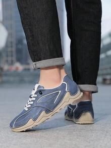 女士V形印花复古通勤鞋，PU皮革拼接手工章鱼缝线，橡胶防滑鞋底，套脚式，英伦时尚多功能健身骑行鞋 - 藍色 - 查看 6