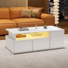 Coffee Table / Modern High-Gloss Coffee Table With LED Lighting / Elegant Table With Drawer And 50 Kg Load Capacity / With Storage Shelf For Living Room, 100x50x40.3 Cm - White3 - View 3