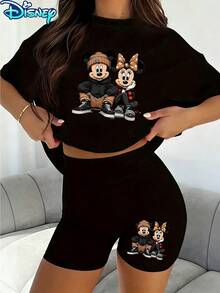 Disney Mickey & Minnie Street Style Printed Casual Set, Women's 2pcs Short Sleeve T-Shirt And Shorts Set, Couple Character Printed Tee And High Waist Shorts Set, Suitable For Daily Leisure And Outdoor - 黑色 - 查看 1