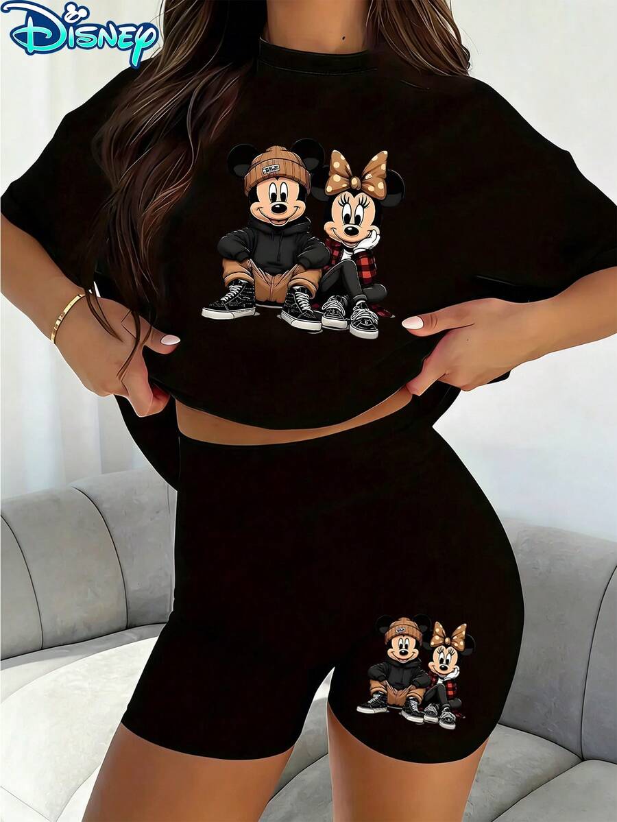 Disney Mickey & Minnie Street Style Printed Casual Set, Women's 2pcs Short Sleeve T-Shirt And Shorts Set, Couple Character Printed Tee And High Waist Shorts Set, Suitable For Daily Leisure And Outdoor - 黑色 - 查看 1