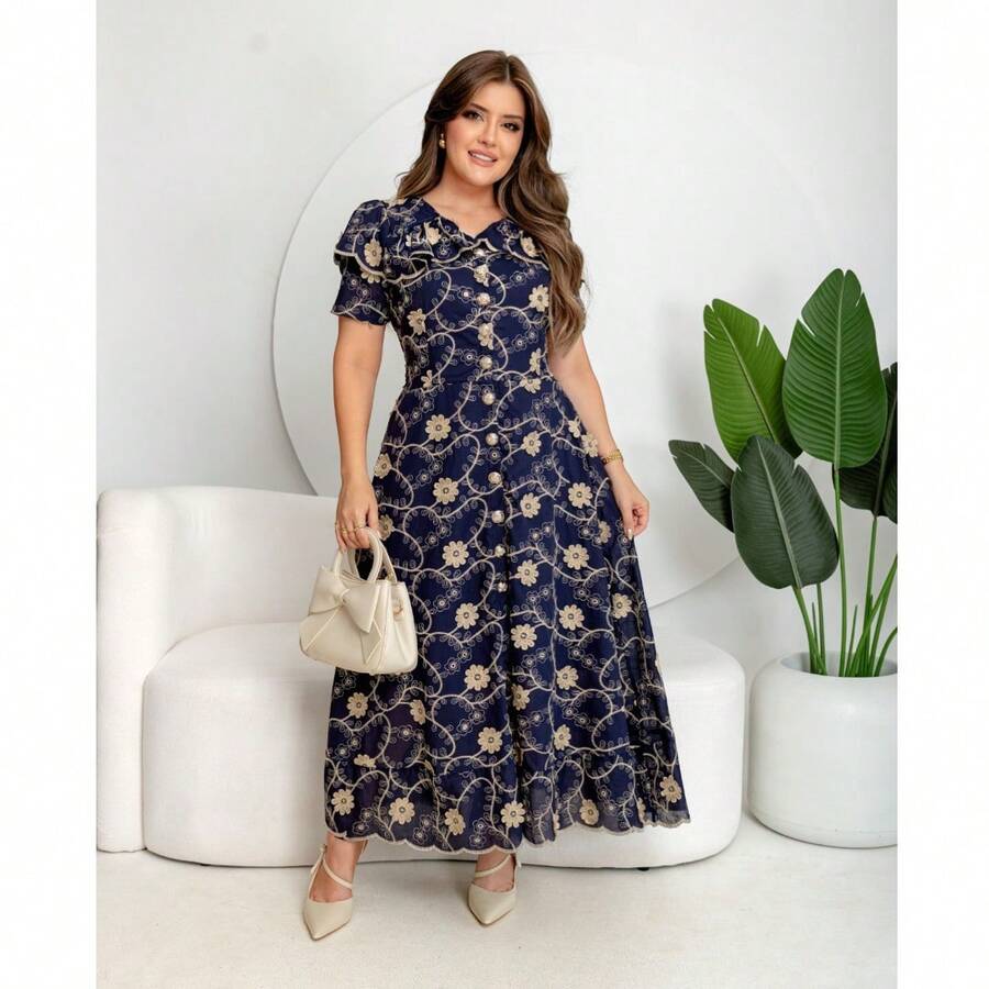 Evangelical Fashion Dress, Midi Skirt, Buttons, Embroidered Detail, Ruffle. - Azul Marino - Ver 1
