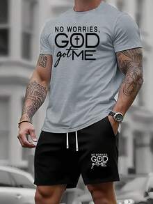 Men's Christian Dark Grey Short Sleeve T Shirt And Black Shorts Set No Worries God Got Me Casual Two Piece Outfit, Church Outfit, Casual Daily Wear, Weekend Lounge, Religious Events, Summer Streetwear. - 深灰色 - 查看 1
