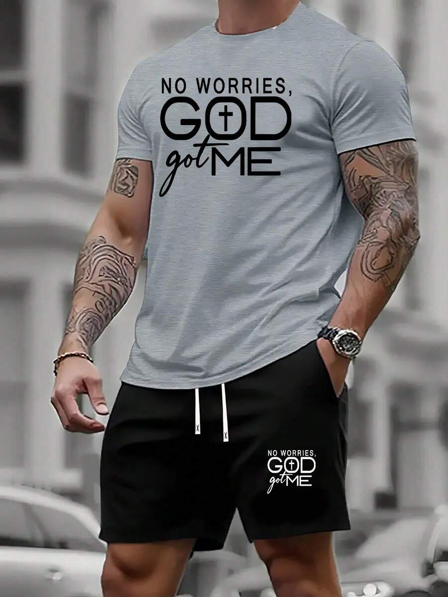 Men's Christian Dark Grey Short Sleeve T Shirt And Black Shorts Set No Worries God Got Me Casual Two Piece Outfit, Church Outfit, Casual Daily Wear, Weekend Lounge, Religious Events, Summer Streetwear. - 深灰色 - 查看 1