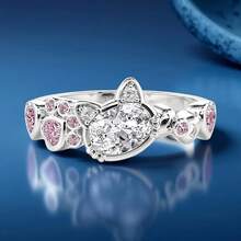 可爱猫咪造型白金镀层粉色锆石戒指，时尚珠宝，女士礼物 - 白金 - 查看 7