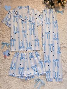 3pcs/Set Women's Casual Loose Comfortable Striped Heart & Bow Print Pocket Front Button Short Sleeve Top And Shorts/Pants Pajama Set, Spring/Summer - Blue and White - View 6