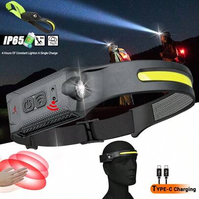 1 szt. Jasna latarka czołowa LED z czujnikiem, miniaturowa, przenośna, obrotowa latarka czołowa z możliwością ładowania przez USB do przygód na świeżym powietrzu, kempingu, wędkowania