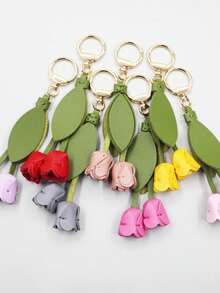 Tulip Handmade Leather Goods, Flower Bag Pendant, Keychain, Homemade Hand Sewn Car Key Pendant Floral Bridesmaid Gifts - 粉色 - 查看 2