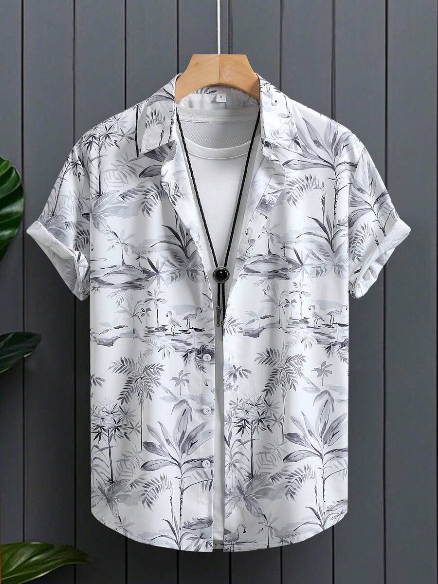 男士热带植物印花翻领纽扣前开襟休闲短袖衬衫，夏季 - 灰色 - 查看 1