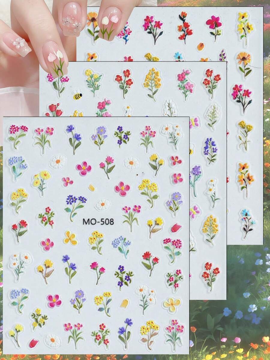 3/6pcs 5D Wild Flower Nail Stickers, Spring Floral Nail Art Decals, Cute Natural Design - Multicolor - View 1