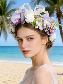 1pc Floral Wreath, Realistic Ruched Rose Bud, Hydrangea, Crabapple Flower Headband, Adjustable Satin Ribbon, Suitable For Beach, Photography, Fairy-Like Hair Accessory - Purple - View 2
