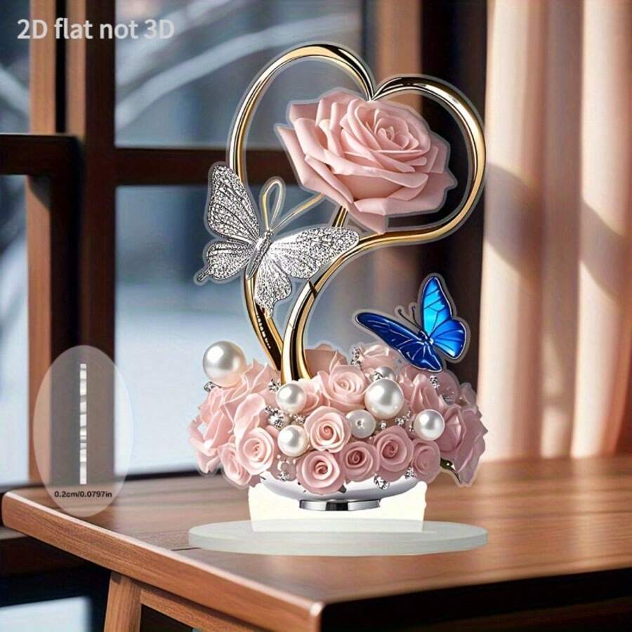 1pc Romantic Pink Rose & Butterfly Decorative Plaque, 2D Flat Home Decor, Elegant Art Desktop Display, Holiday Decoration Suitable For Office, Living Room And Kitchen - A - View 1