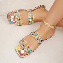 Wide Fit Summer Colorful Rhinestone Embellished Women Flat Sandals, Comfortable Casual Outdoor Slip-On Beach Party Sandals - Clear - View 6