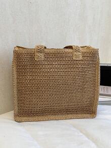 LOVE LIFE 刺绣草编手提包，手工编织纸草材质，大容量通勤包，编织肩带，休闲度假风，夏季海滩通勤，拉链封口，轻松自在，海滩旅行日常，法式休闲风，通勤、上学、外出 - 卡其色 - 查看 10