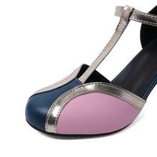 Giày sandal cao gót nữ mùa xuân/hè, thiết kế phối màu, mũi tròn khoét rỗng, phù hợp cho thanh thiếu niên và các cô gái có thân hình đầy đặn. - Màu xanh lam - Xem 8