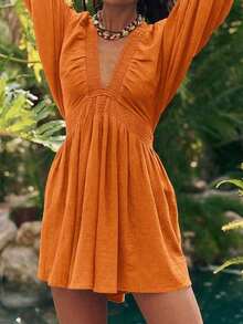 New Spring/Summer Elegant Fashion Sexy Deep V-Neck Puff Sleeve Casual Mini Dress For Women, Vacation Boho & Western & Tropical & Sun Dress - 橘色 - 查看 6