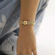1pc New Exaggerated Punk Style Multi-Layer Chain & Ball Decor Bracelet, Versatile Tassel Chain Bracelet For Women, Suitable For Street, Party, Daily Wear - Yellow Gold - View 3