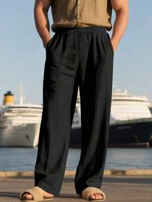 Men's Breathable Linen Loose Casual Sports Pants, Suitable Beach, Spring/Summer - 黑色 - 查看 6