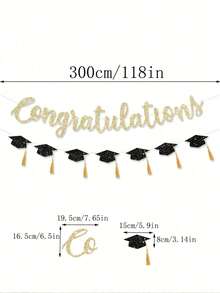 1pc Gold Glitter Congrats & Graduation Cap Banner, Pre-Strung 118 Inch Black & Gold Graduation Banner, Suitable For 2026 Graduation Party Decor - Multicolor - View 6