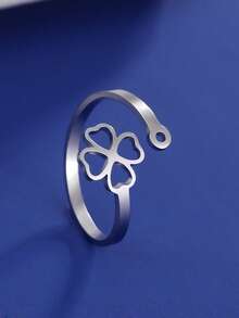 1pc Minimalist Stainless Steel Heart & Clover Adjustable Ring, Fashionable Cute Gift For Girls, Personalized Memento - Simple Series - View 5