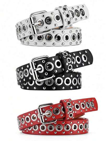 3pcs Women's Belts, Fashion Rivet Belts, Pin Buckle Belts, Street Punk Hip-Hop Style Y2K Belts, Suitable For Skirts And Jeans, Autumn, Halloween