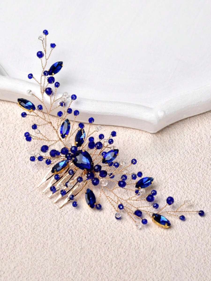 1 chiếc lược cài tóc hình lá bằng hợp kim đính ngọc trai thủ công thanh lịch dành cho nữ, phụ kiện cài tóc cô dâu cho đám cưới, tiệc tùng và các buổi họp mặt. - Màu xanh lam - Xem 1