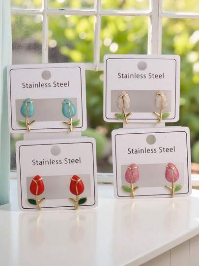 Pendientes creativos con gota de aceite de rosa y tulipán, pendientes de acero inoxidable con goteo colorido, a prueba de agua y óxido, regalo de joyería para fiestas para mujeres