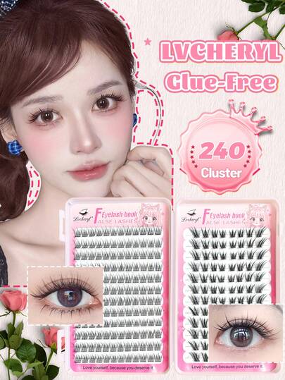 Lvcheryl 240片装高容量自然自粘假睫毛册，混合两种款式：美人鱼尾和狐狸，无需胶水，柔软舒适，自然浓密，轻盈可重复使用，完美适用于派对和日常妆容，手工制作。