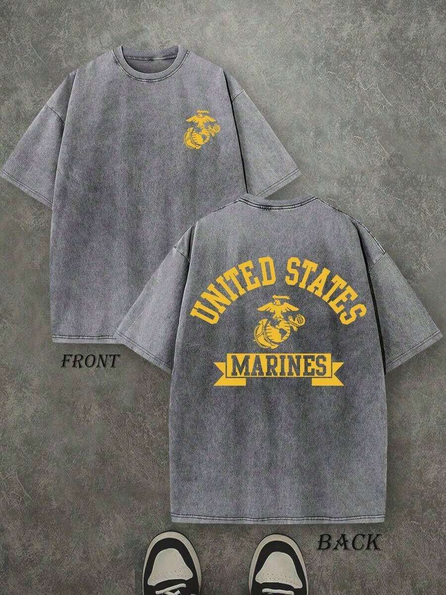 Summer TopsRetro Washed T-Shirt Double Sided Printed (230 Pure Cotton T-Shirt) 'MARINES' Letter And Eagle Patterns Print, T-Shirt, Casual, Comfortable, Fashionable T-Shirt, Street Style CottonLoose And ComfortableSummer Lightweight Style Casual Washed T-Shirt - 灰色 - 查看 1