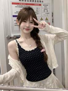 Áo tank top dệt kim không tay ôm sát, phối ren và chấm bi tương phản dành cho nữ, thích hợp cho mùa hè. - màu đen - Xem 2