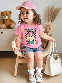 Baby Girl Cartoon Print Short Sleeve Top And Solid Color Denim Shorts - Pink - View 7