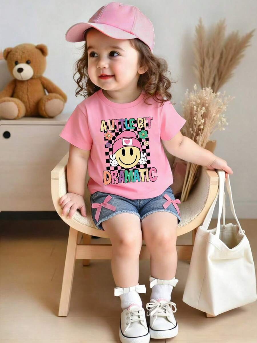 Baby Girl Cartoon Print Short Sleeve Top And Solid Color Denim Shorts - Pink - View 1