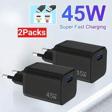2Packs 45W GaN USB-C Wall Charger PD 3.0 Quick Charger Plug For MacBook, Galaxy, XPS--Universal Mobile Phone Charger - Black - View 7