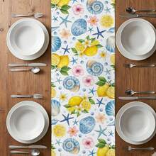 Caminho de mesa lavável com estampa de estrela-do-mar, conchas e flores de limão para decoração de festas e eventos na praia. Ideal para cozinhas e salas de jantar. Perfeito para decorar mesas durante feriados e na praia. - Multicolorido - Ver 8