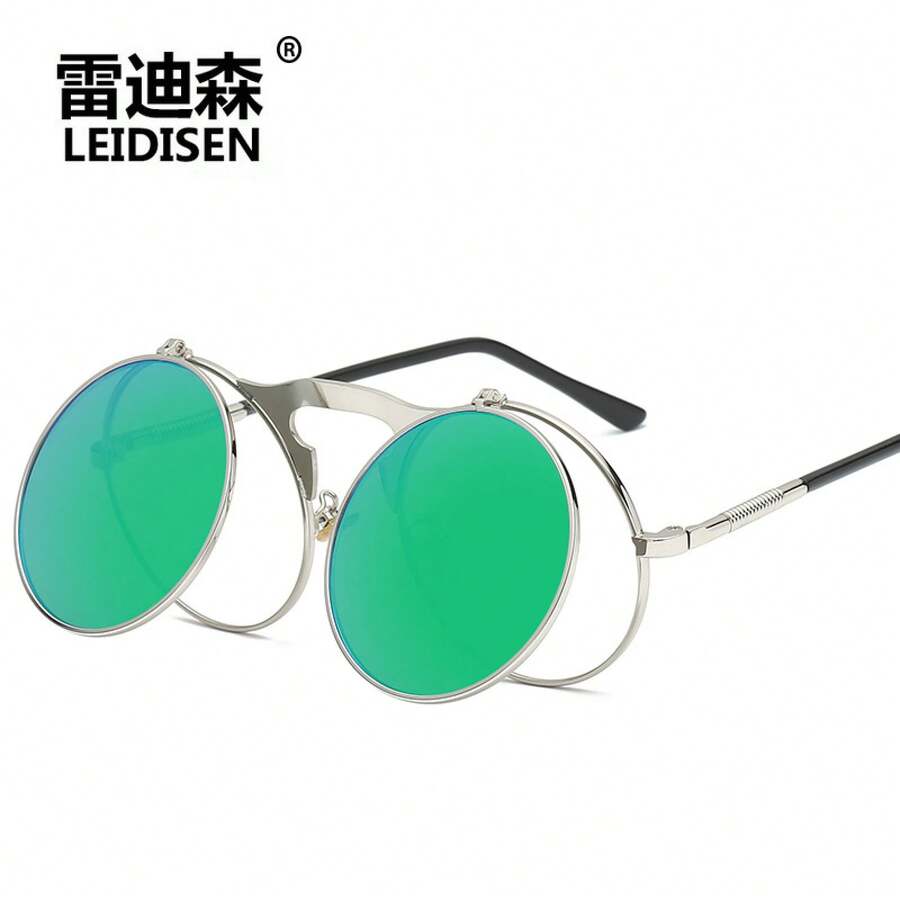 New Flip-Up Polarized Sunglasses In Vintage, Metal, Punk And Steampunk Styles For Men And Women, Round Metal Sunglasses 3057, Modern And Fashionable, With UV Protection, Special Glasses For Driving. - 銀框綠水銀 - 查看 1