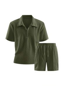 2pcs Men's Military Green Short Sleeve Polo Shirt And Drawstring Waist Shorts Set, Textured Fabric, Breathable And Smooth, Beach Vacation Style, Suitable For Summer - Army Green - View 3