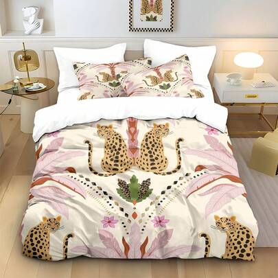 3pcs Bohemian Style Leopard & Floral Digital Print Duvet Cover Set, Including 1 Duvet Cover And 2 Pillow Shams, No Filling, Soft & Comfortable Bedding, Polyester, Suitable For Indoor Decor, Home Goods, All Seasons, Fit For Bedroom, Hotel, Homestay, Boys & Girls Room