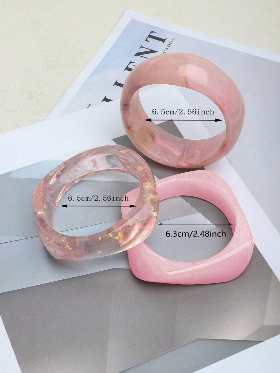 3pcs/Set Pink Acrylic Bracelet Set, Elegant Minimalist Dye Bangle Combination, Can Be Worn Alone Or Stacked, Suitable For Daily Wear And Vacation - Bộ 3 món màu hồng - Xem 1