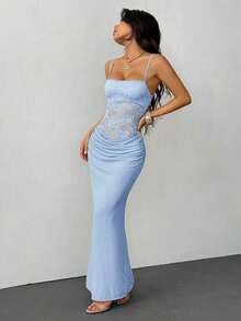 SHEIN PETITE Women's Suspender Lace See-Through Dress, Sexy Party Wear, Date And Festival Wear, Suitable For Autumn And Winter, Can Be Used As An Inner Layer White Sexy Dress Spaghetti Strap Dress White Lace Dress Bodycon White Dress Bustier Dress Elegant White Dress Sexy White Dress White Corset Dress White Club Dress - 淺藍色 - 查看 6