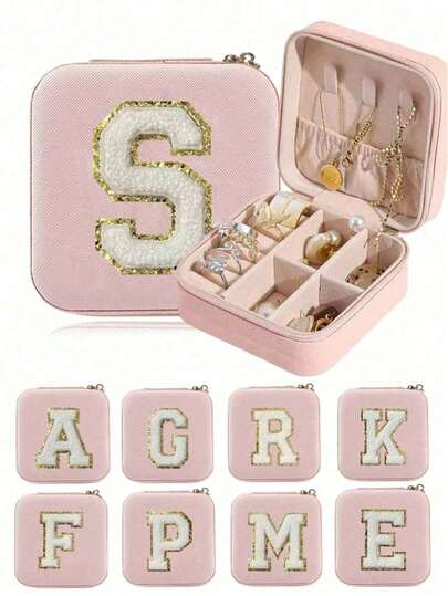 1pc Initial A-Z Jewelry Box, Mini Waterproof PU Jewelry Storage Box, Jewelry Organizer, Earring Holder, Bathroom Cosmetic Box, Perfume Box, Bridesmaid Gift, Ideal For Holidays, Mother's Day, Summer Travel, Best Gift For Women