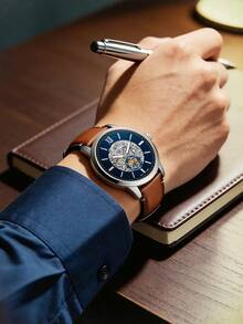 Reloj automático mecánico para hombre Fossil Vintage City, correa de cuero premium, mejor opción de regalo de negocios, esfera gris humo ME3154 - Azul - Ver 3
