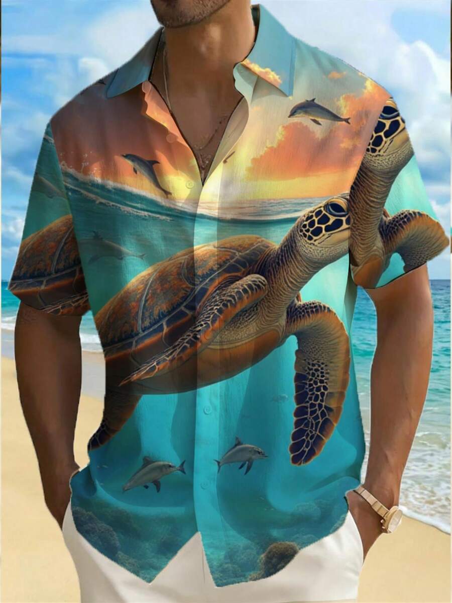 Men's Tropical Sea Life Button-Up Shirt With Turtles & Dolphins 3D Print - Short Sleeve Beachwear, Loose Fit Casual Summer Shirt In Blue-Green & Golden Hues, Machine Washable Suitable For Beach Outings & Summer Events - 彩色 - 查看 1