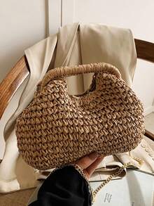 时尚编织草编手提包，优雅度假旅行之选，别致手提包，卡其色，轻便拉链袋，草编包 - 卡其色 - 查看 7