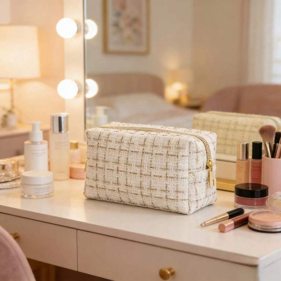 1 chiếc túi đựng mỹ phẩm dệt caro dung tích lớn, túi đựng đồ vệ sinh cá nhân di động, hộp đựng đồ trang điểm du lịch, màu đen và be. - Màu be - Xem 1