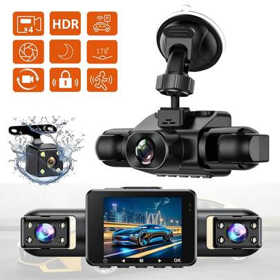 360° View 4 Channel Dash Cam, Dash Camera For Cars Front And Rear Inside Left Right,FHD DVR Car Dashboard Camera With Loop Recording,2 Inch Display,Not Included SD Card