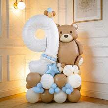 1 Set Columna de globos con tema de oso marrón cálido, incluye globo de oso marrón 3D, globo de número blanco de 32 pulgadas, globos de látex a juego en blanco, marrón y azul, y globos de estrellas azules, adecuado para decoración de fiesta de cumpleaños de 1er año, cumpleaños temático de oso para niños, decoración de jardín al aire libre, telón de fondo para foto de cumpleaños de padres e hijos, crea una atmósfera de cumpleaños cálida y linda - Ver 3