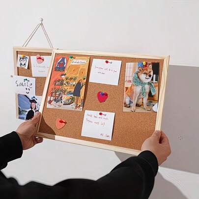 1pc Wall Mounted Cork Board, Message Board, Photo Background, Decorative Bulletin Board For College Dorm, Office, Home, School, 11.81*7.87 Inch/15.75*11.81 Inch Single-Sided Hanging Cork Board With Wooden Frame, Suitable For Office Notes, Room Decor, Vintage Style Photo Display