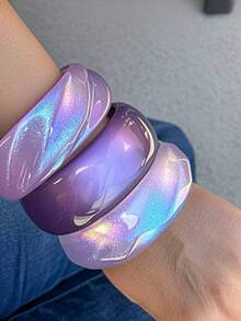 1 pieza Nuevo brazalete de resina con purpurina multicolor exagerada de moda en rosa y morado, brazalete apilable geométrico minimalista de onda asimétrica, regalo para la novia, adecuado para fiesta, boda, trabajo, viaje, playa, discoteca y otras ocasiones (Consulte la tabla de tallas antes de la compra, este artículo es pequeño, alta calidad, diámetro interior: 60-63MM) - Multicolor - Ver 21