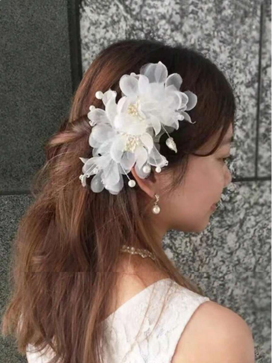 1 chiếc kẹp tóc cô dâu bằng vải organza, phụ kiện cài tóc lãng mạn. - trắng - Xem 1