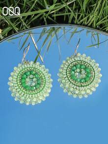 OOQ 1 Pair Handmade Bohemian Style Beaded Round Earrings, Fashion Minimalist Earrings For Women, Suitable For Summer Beach Outfit, Any Occasion, Wedding, Bridesmaid Gift (Handmade Seed Bead Color, Quantity And Position Random) - Green - View 4