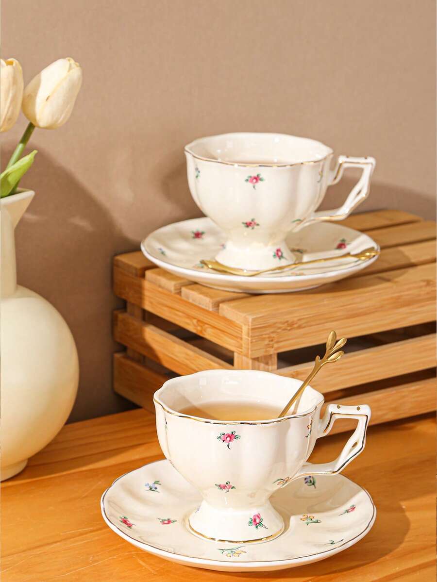 3 piezas (1 taza, 1 platillo, 1 cuchara) Juego de taza de café y platillo de cerámica, adecuado para el hogar, la cocina, el restaurante, la sala de estar, como regalo, para beber agua, té, café, leche, jugo, bodas, fiestas - Multicolor - Ver 1